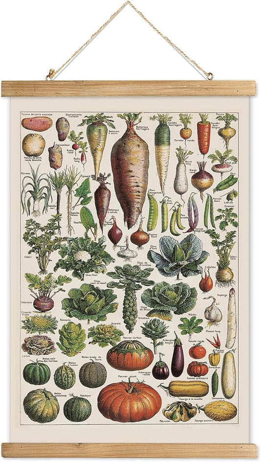 XIAOAIKA Vintage Vegetable Varieties Poster - Illustrated Garden Produce Chart with Wooden Frame - Educational Kitchen Wall Decor Art for Home Chefs and Gardeners 16 x 23 inches