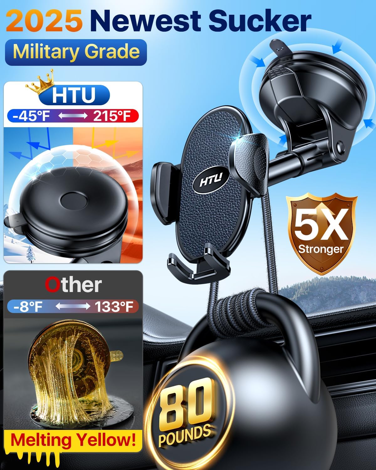 HTU 【Military-Grade Suction】 2025 Cell Phone Holder for Car【Flexible Telescopic Arm】 Car Phone Mount Stand for Dashboard Windshield for iPhone 16 Pro Max 15 14 13 12 Samsung Truck Jeep, Black