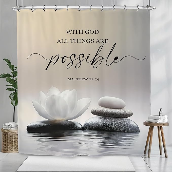 Zen Lotus Spa Shower Curtain 60Wx72L Inch Ink Quotes Meditation Inspirational Motivational Bible Bathroom Set Accessories Decor with 12 Pack Hooks