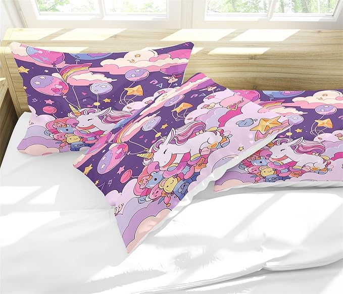 Unicorn Bedding Queen Cartoon Unicorn Comforter Set,Cute Unicorn Printed Kids Bedding Set for Girls Kids Adults Teens,Kids Comforter Set All Season,1 Quilt 2 Pillow Cases,Purple