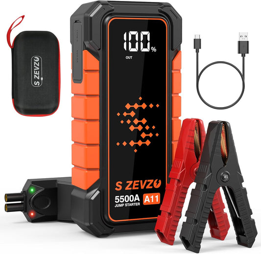 S ZEVZO A11 5500A Car Battery Jump Starter, 88.8Wh Battery Jumper Starter Portable (All Gas & 10.0L Diesel Engines) 12V Lithium Jump Box with LCD Display, 3 Modes Flashlight, USB Quick Charge and Case