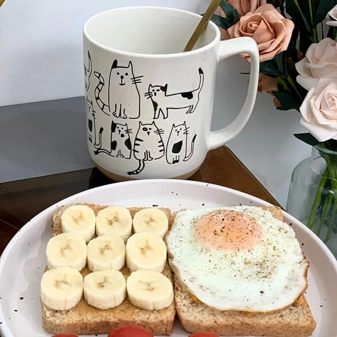 White-Grey Cartoon Cats Ceramic Mug with Handle Coffee Mug 550ml/18.6oz. Cute Funny Novelty Vintage Gift Hand Painted