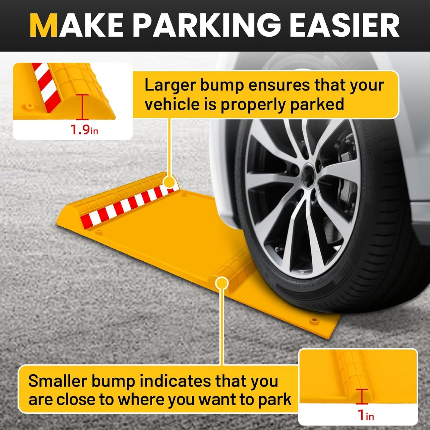 2 Pack Parking Mats for Garage Floors, 21.6" x 11" x 1.9" Heavy Duty Garage Car Parking Mat with High Visibility, Wheel Stops for Car Truck Indoor Outdoor, Yellow