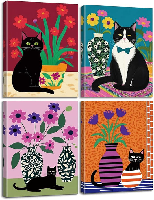 TOCDGOO Set of 4 Fun Black Cat Wall Art Abstract Flower Canvas Posters, Colorful Fashion Flower & Cat Art Prints for Bedroom Bathroom Children's Room Home Decor, Framed 8x10 Inches