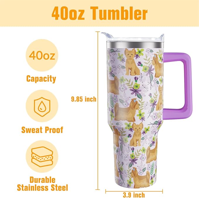 Yorkie Gifts for Women Dog Lovers 40 oz Floral Yorkie Tumblers with Handle and Straw, Stainless Steel Vacuum Insulated Travel Coffee Mug Cup Water Bottle