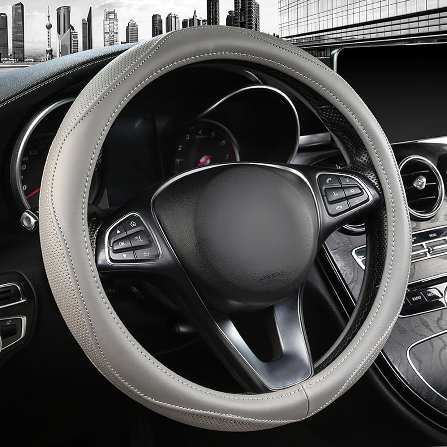 High-Grade Gray Genuine Leather Steering Wheel Cover for Men Women，Real Cowhide Leather Steering Wheel Cover for Cars,Universal 14.5-15 inch Steering Wheels