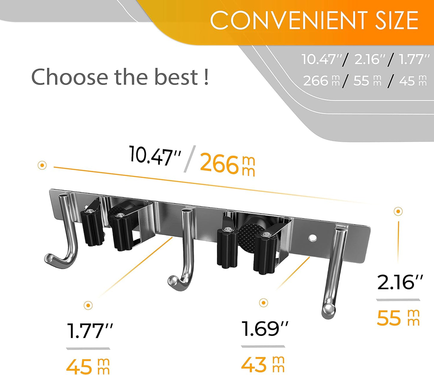 Heavy Duty Broom and Mop Holder Wall Mounted with 2 Rubber Grip Slots & 3 Utility Hooks – SUS304 Stainless Steel, Waterproof, Self Adhesive or Drill Mount, for Garage, Laundry, Kitchen Use, 2 Pcs