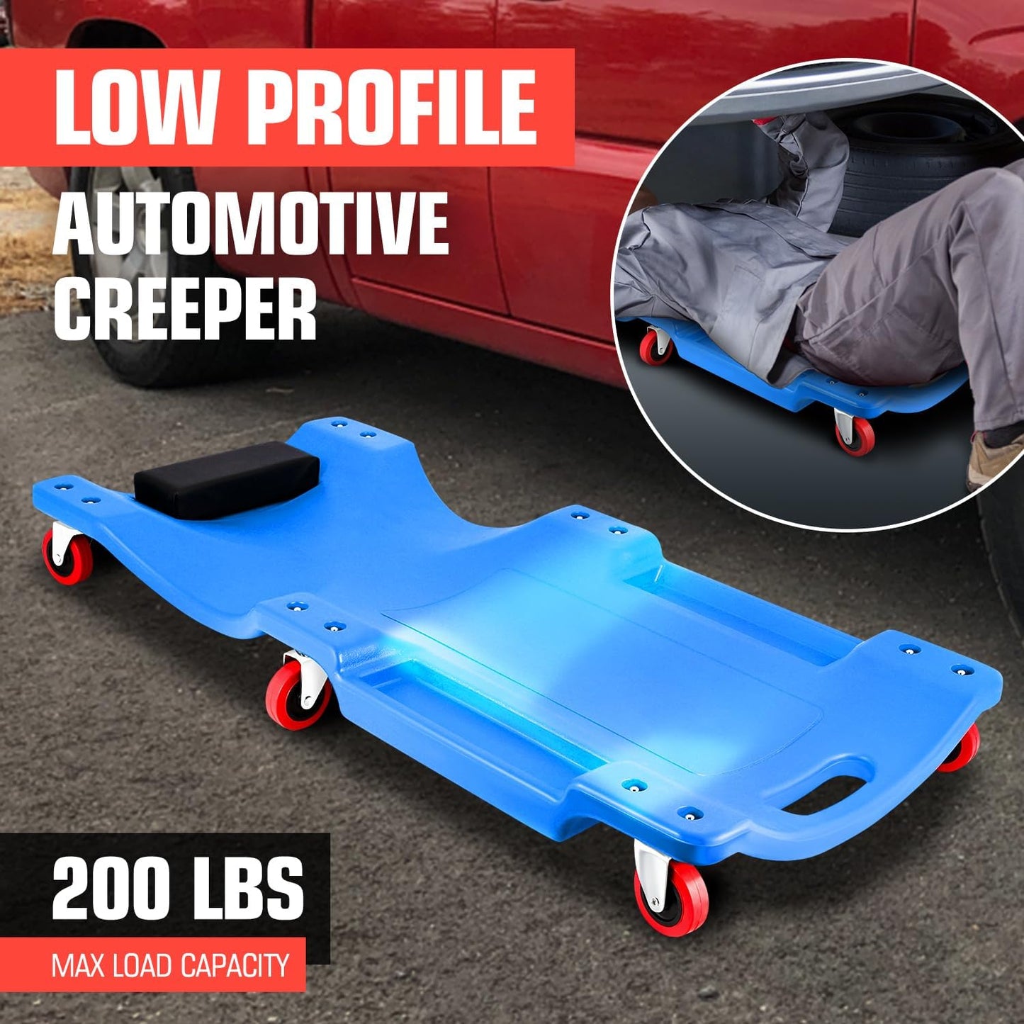 DNA MOTORING 36" L X 17" W x 4.25" H Vehicle Repair Low Profile Automotive Creeper w/Padded Headrest, Blue, TOOLS-00201-BL