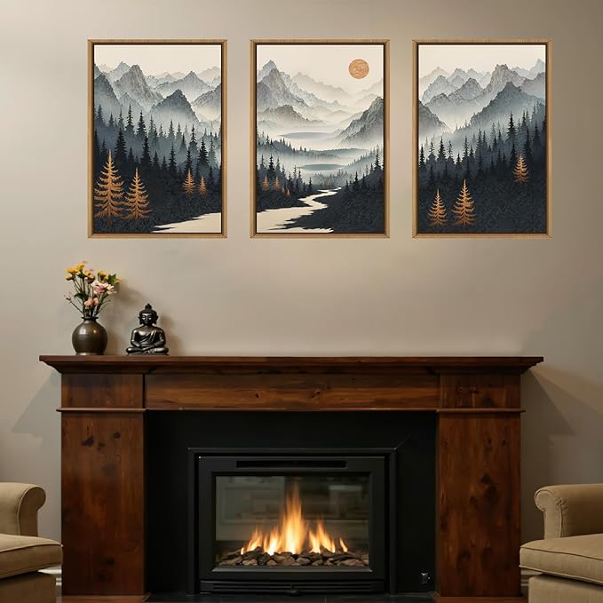 Watercolor Misty Forest Framed Canvas Wall Art Set, Foggy Mountain Wall Decor, Misty Pine Tree Wall Painting, Large Nature Landscape Art Prints for Living Room, Bedroom, Office - 16"X24"X3