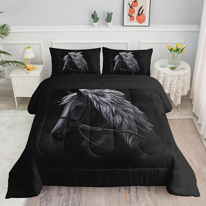 Bedding Comforter Set Black Horse Dark Horse Printed Pattern Quilt Bedding Set with 1 Comforter and 2 Pillowcases for Girls and Boys Bedroom All Season(Black Horse Queen)