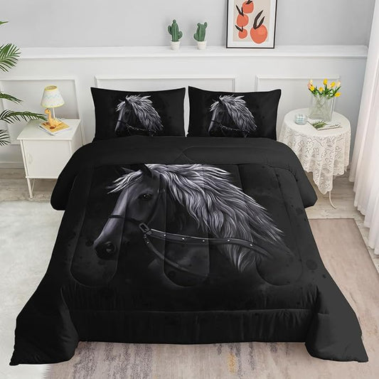 Bedding Comforter Set Black Horse Dark Horse Printed Pattern Quilt Bedding Set with 1 Comforter and 2 Pillowcases for Girls and Boys Bedroom All Season(Black Horse Queen)