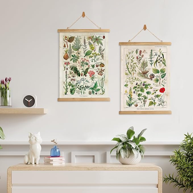XIAOAIKA 2 Pack Vintage Plant Posters: Medicinal and Poisonous Plants - Retro Style Wall Art with Wooden Frames for Home Classroom, or Apothecary Decor 16 x 23 inches