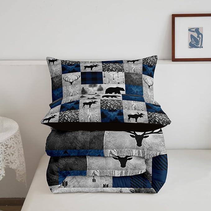 Bear Bedding Set Full for Teens Boys,Farmhouse Moose Elk Deer Comforter Set Cabin Lodge Decor,Hunting Animal Duvet Insert,Blue Grey Buffalo Plaid Check Patchwork Down Comforter with 2 Pillowcases