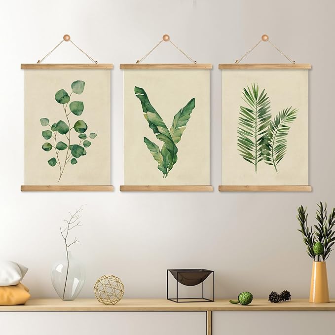 XIAOAIKA 3-Pack Greenery Art Posters with Wooden Hangers - Eucalyptus, Banana Leaf, Palm Frond Illustrations, Minimalist Botanical Wall Art, 12x16 Inches