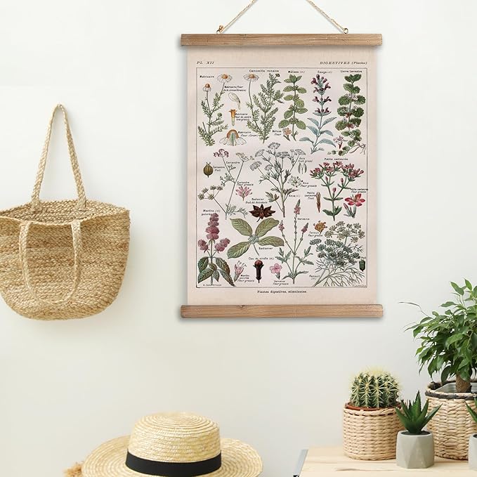 XIAOAIKA Vintage Botanical Herbs Illustration Poster - Retro Medicinal Plant Chart with Wooden Frame - Educational Herbal Reference for Home, Kitchen, or Classroom Decor 20 x 30 Inches