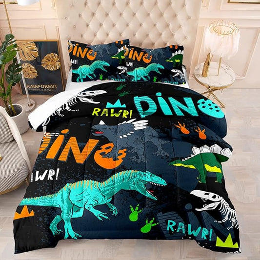 Suncloris Kids Dinosaur Comforter, Cartoon Dino Bedding Bedspread for Boys Teens, All Seasons Soft Jungle Animals Quilt Bedroom Decor with 2 Pillow Cases (01, Twin)