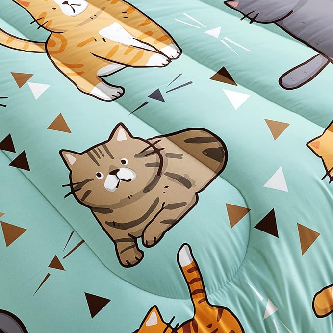 BSNTHO Cat Comforter Set for Girls Boys Cat Lover Gifts Bedding for Kids Cute Kitten Pattern Bedding Set Full Size Bedroom Decor (1 Comforter + 2 Pillowcases) Soft Lightweight