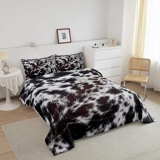 Western Brown Cowhide Comforter Set,Aztec Black White Cow Print Bedding Set Full Rustic Farm Animal Down Comforter for Kids Boys Girls Men Women,Cowboy Cowhide Quilt Duvet Set Bedroom Decor 3 Pcs