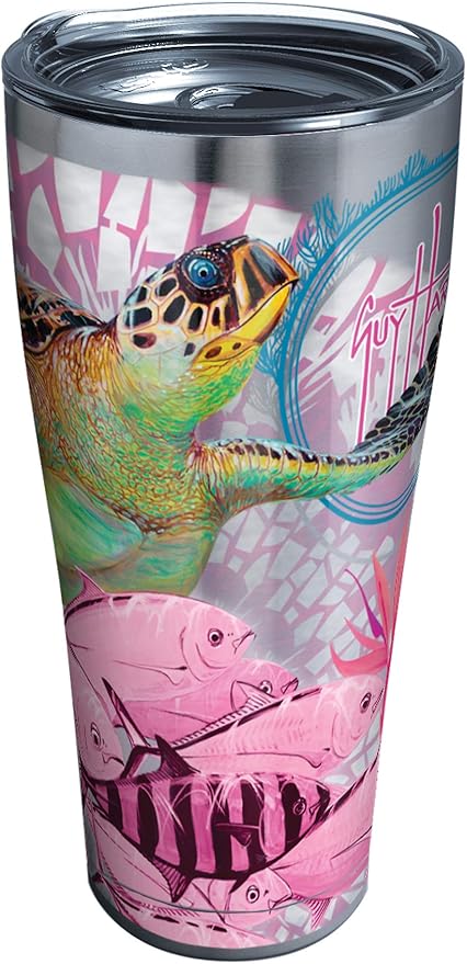 Tervis Guy Harvey Triple Walled Insulated Tumbler Travel Cup Keeps Drinks Cold & Hot, 30oz Legacy - Stainless Steel, Breast Cancer Awareness Turtles