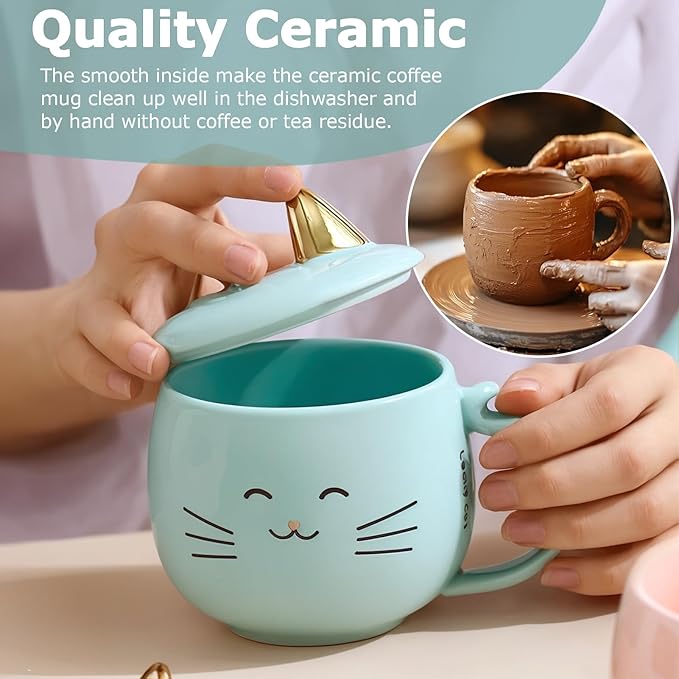 Yuwu Cat Ceramic Coffee Mug with Spoon & Lid, 13.5 oz Novelty Mug with Phone Stand Lid, Cute Tea Cup for Women & Cat Enthusiasts (Blue)