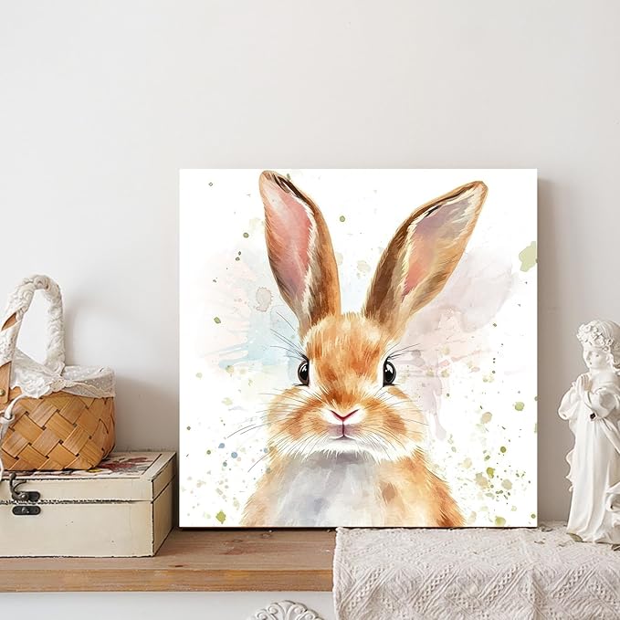 Watercolor Rabbit Wall Art Nursery Bunny Pictures Wall Decor Abstract Animal Canvas Print Art Cute Bunny Rabbit Poster Modern Artwork for Kids Bedroom Bathroom Living Room Home Decor 12x12inch