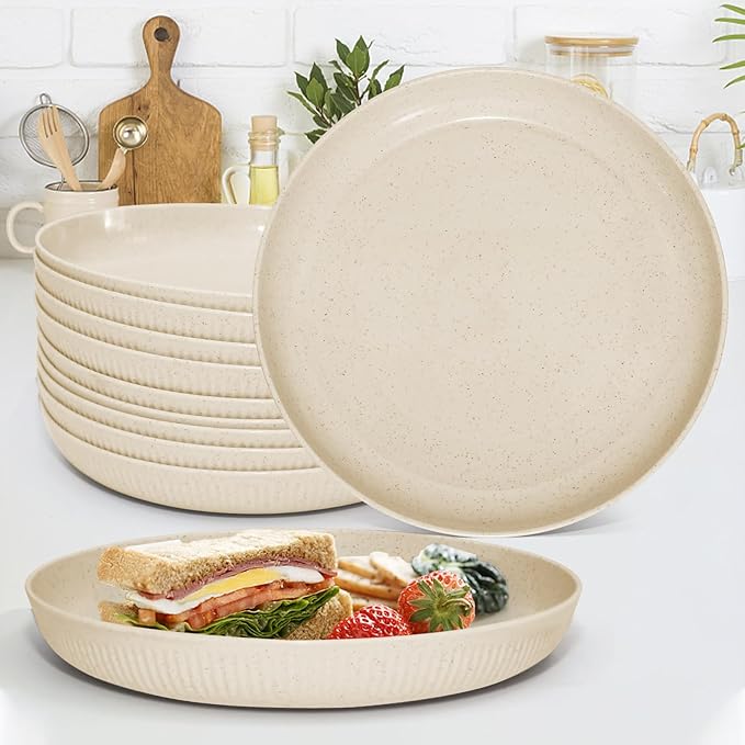 Wheat Straw Plates，9 inches Plastic Plates Set of 12, No BPAs and No Chemical Dyes (Beige)