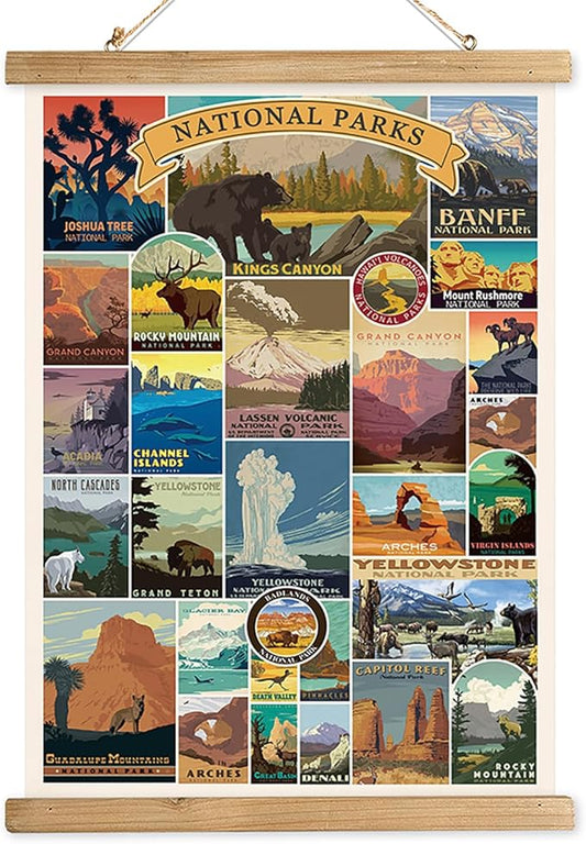XIAOAIKA USA National Parks Retro Poster Collection - Illustrated Travel Destinations with Wooden Hanger - Vintage Wall Art for Outdoor Enthusiasts and Explorers 12 x 16 Inches