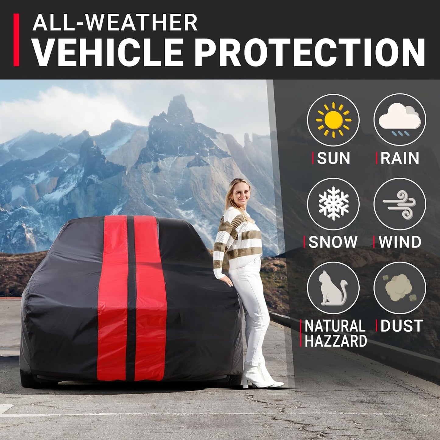 iCarCover Custom Car Cover for Pontiac Tempest Wagon (1961-1963) Waterproof All-Weather Rain Snow UV Sun Protector Full Exterior Indoor Outdoor Car Cover (Stripe - Black/Red)