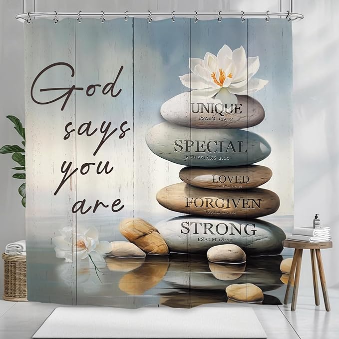Zen Spa Shower Curtain 72Wx72L Inch Meditation Quotes Motivational Bible Christian Inspirational Positive Bathroom Set Accessories Decor with 12 Pack Hooks