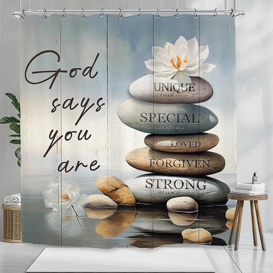 Zen Spa Shower Curtain 72Wx72L Inch Meditation Quotes Motivational Bible Christian Inspirational Positive Bathroom Set Accessories Decor with 12 Pack Hooks