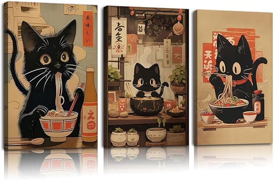 3Pcs Framed Japanese Black Cat Canvas Wall Art Vintage Cat Eating Ramen Posters Prints Edo Period Ramen Pictures Japan Kitchen Painting Unique Kitchen Dining Wall Decor Animal Lover Gift 16x24in