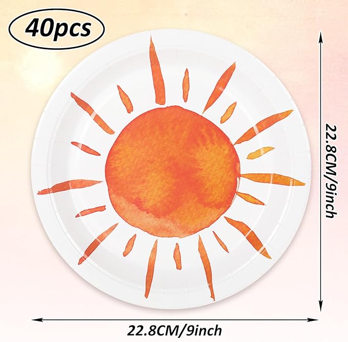Whaline 40Pcs Boho Paper Plates First Trip Around The Sun Plates 9 Inch Colorful Disposable Hippie Plate for Summer Birthday Wedding Party Supplies Table Decor