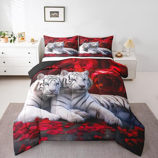 Tiger Twin Comforter Set, Red Rose Down Comforter Kids Girls Women, Red Cat Quilted Duvet Insert, Brown