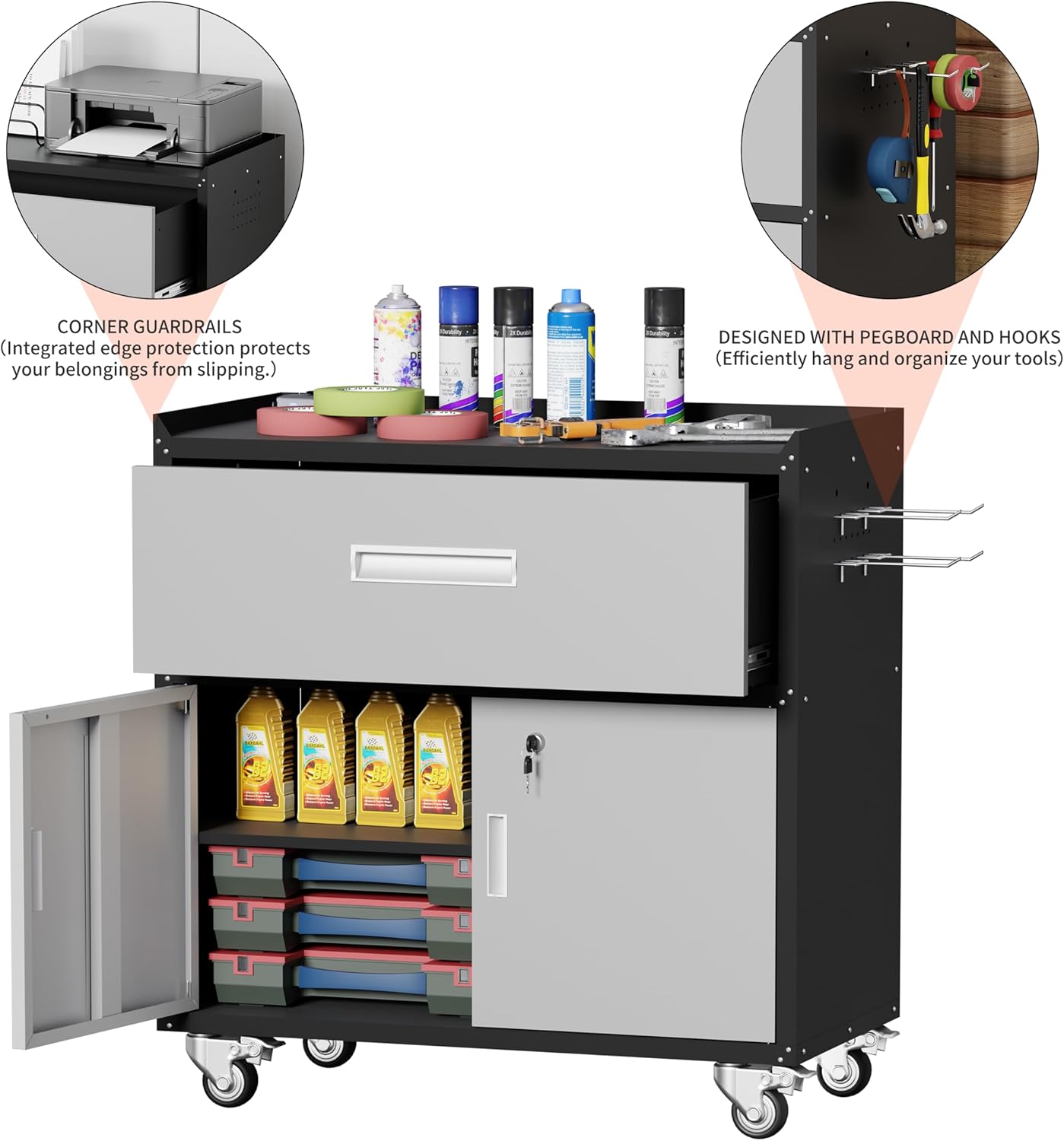 Garage Metal Storage Cabinet for Garage with Adjustable Shelves Wheels, Rolling Tool Chest, Assembly Required, Warehouse, Basement, Tool Room (Gray), Grey