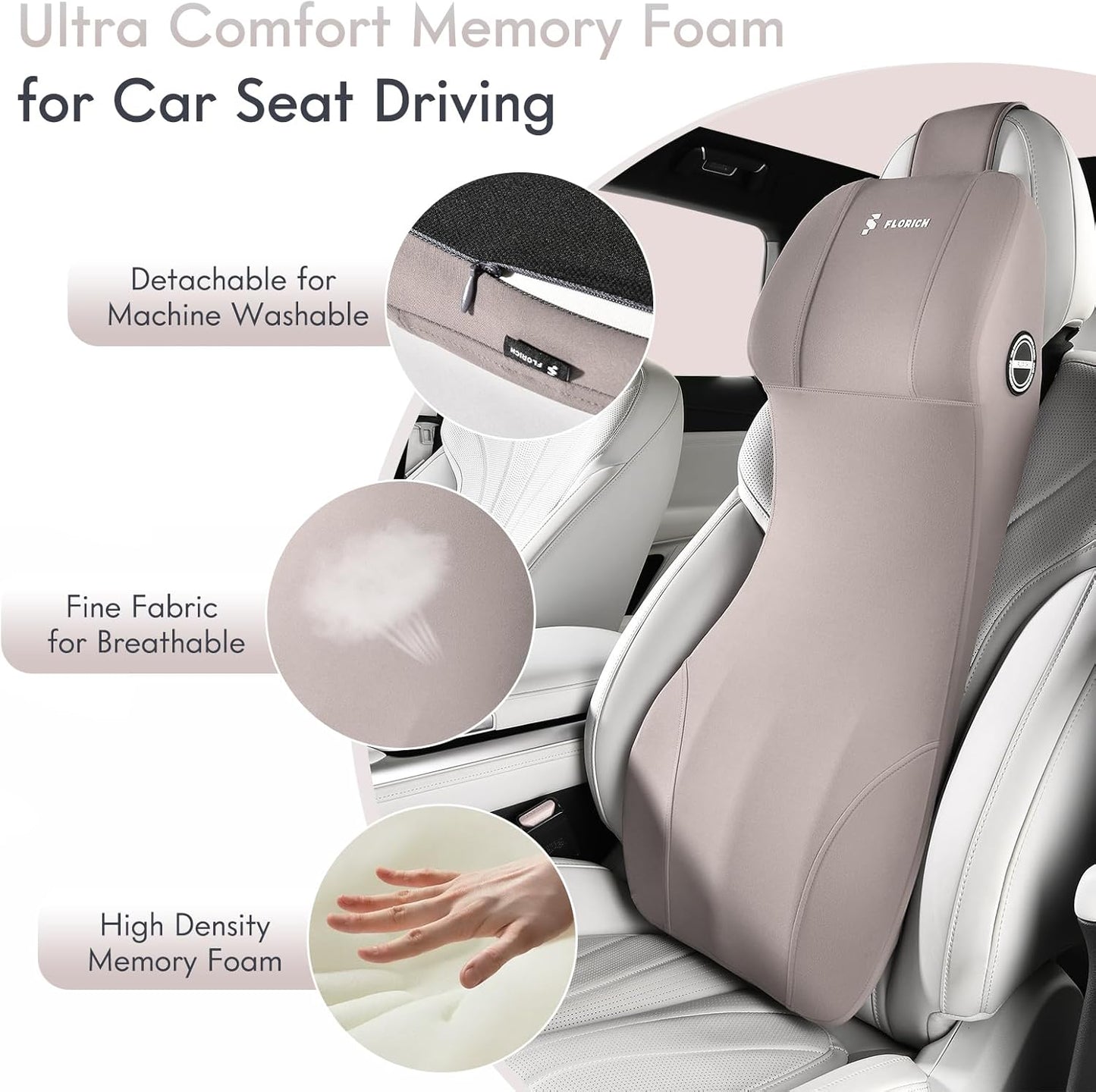 FLORICH Lumbar Support Pillow and Car Neck Pillow Memory Foam Integrated Lumbar Support Cushion with Headrest Pillow Ergonomic Car Seat Back Support for Head Waist Support Sciatica Pain Relief, Gray