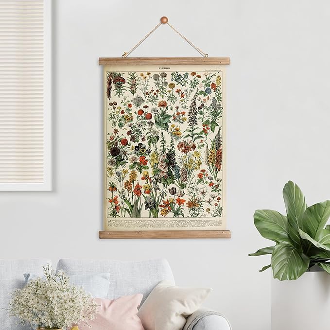 XIAOAIKA Vintage Wildflower Hanging Poster with Wooden Frame, Retro Style Wall Decor Detailed Floral Illustration- Educational Botany Wall Art for Gardeners Home Decor Classroom 16 x 23 Inches