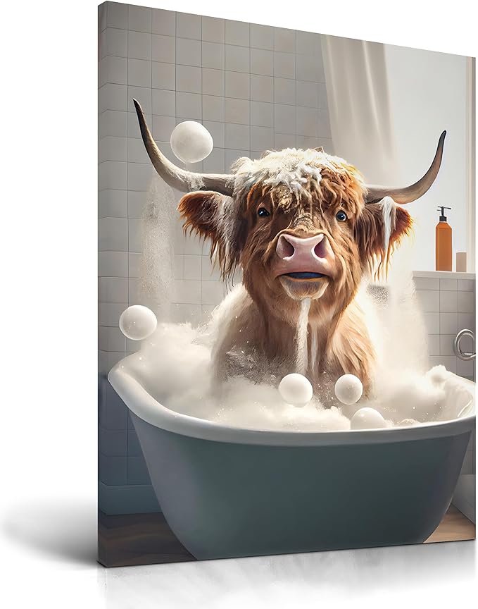 UPWOIGH Bathroom Wall Art, 12x16in Highland Cow Wall Decor,Waterproof Wood Framed Canvas Wall Art, Cute Funny Animal Bathing Abstract Prints,Modern Home Décor for Bedroom Classroom Farmhouse Gift