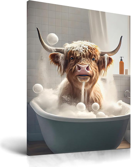 UPWOIGH Bathroom Wall Art, 12x16in Highland Cow Wall Decor,Waterproof Wood Framed Canvas Wall Art, Cute Funny Animal Bathing Abstract Prints,Modern Home Décor for Bedroom Classroom Farmhouse Gift