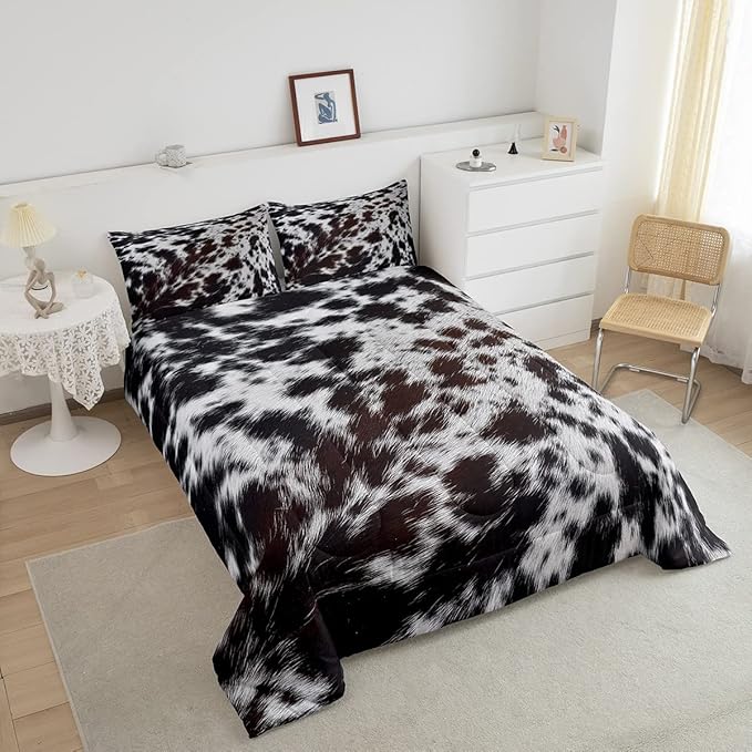 Western Brown Cowhide Comforter Set,Aztec Black White Cow Print Bedding Set Queen Rustic Farm Animal Down Comforter for Kids Boys Girls Men Women,Cowboy Cowhide Quilt Duvet Set Bedroom Decor 3 Pcs