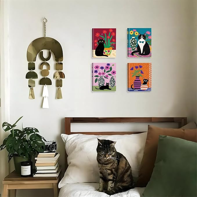 TOCDGOO Set of 4 Fun Black Cat Wall Art Abstract Flower Canvas Posters, Colorful Fashion Flower & Cat Art Prints for Bedroom Bathroom Children's Room Home Decor, Framed 8x10 Inches