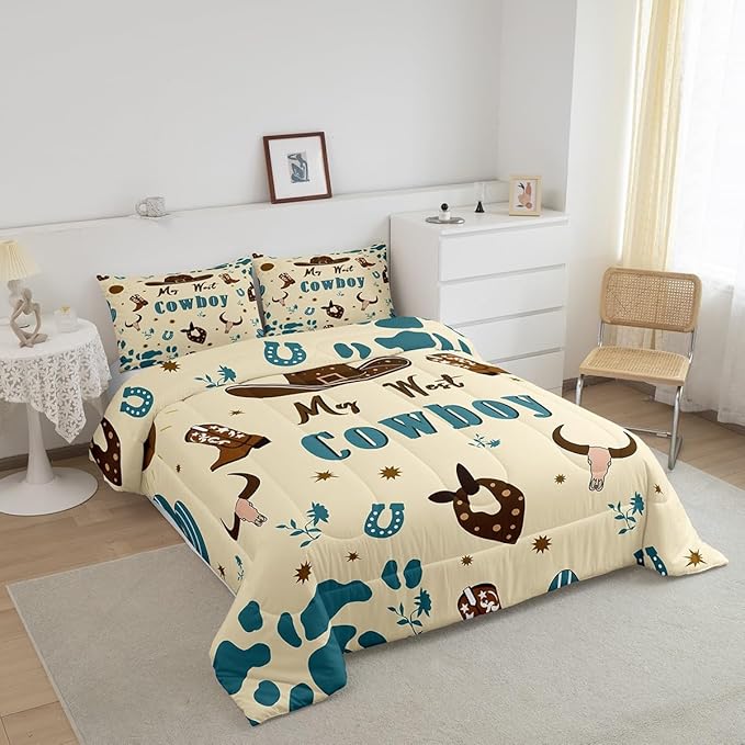 Western Cowboy Bedding Set Queen Size,Cowboy Boots Horseshoe Comforter Set 3Pcs for Kids Girls Boys Teens Room Decor,Southwest Quilt Set Blue Brown Cowhide Print Duvet Insert,2 Pillowcases