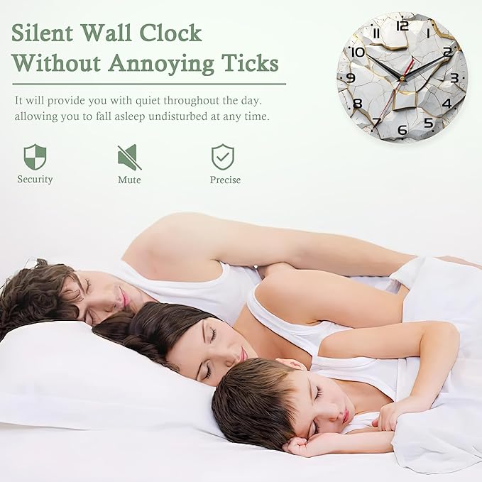 White Wall Clock,Marble Wooden Wall Clocks Art Hanging Silent Non-Ticking Wall Clock Battery Operated Round Home Arabic Numeral Decorative Wall Clocks 10 Inch