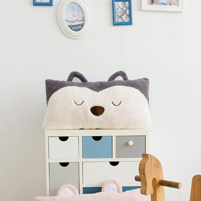 Stuffed Animal Lumbar Pillow, Super Soft Plush Cuddle Throw Pillow for Kids, Cute Fox Shaped Pillow, 12 x 24 Inches, Grey, Ivory
