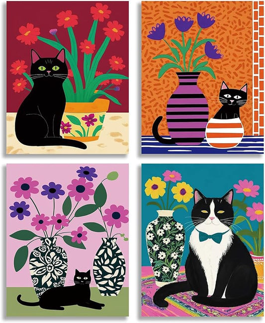 TOCDGOO Fun Black Cat Wall Art Abstract Flower Canvas Posters, Colorful Fashion Flower & Cat Art Prints for Bedroom Bathroom Children's Room Home Decor, Set of 4 Unframed 8x10 Inches