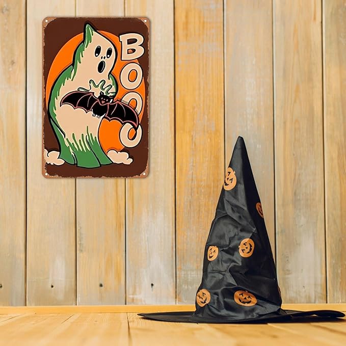 Vintage Decor Gift Halloween Ghost and Bat Boo Jack O Lantern Tin Sign for Home Bedroom Living Room Wall Decor 8 X 12 Inch (3132)