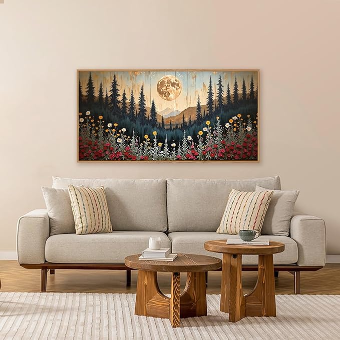 Vintage Moon Forest Framed Canvas Wall Art Set, Wildflower Forest Mountain Wall Decor, Nature Pine Tree Wall Painting, Colorful Floral Art Prints for Living Room, Bedroom, Office - 20"X40"