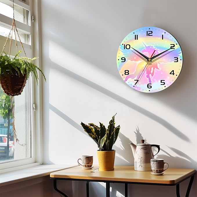Wall Clock, 10 Inch Silent Non-Ticking Home Kitchen Decor, Battery Operated for Bathroom Bedroom Living Room Office(Rainbow Unicorn)