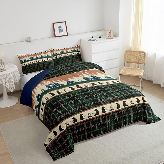 Camping Comforter Set for Teens Camper Bedding Camper Accessories for Travel Trailers,Rustic Farm Style Tree Comforter Sets Green Plaid Lattice Duvet Insert with 1 Pillowcase Bedroom Decor,Twin