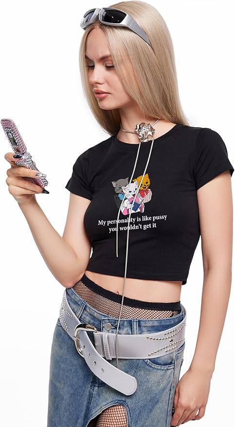 Y2K Graphic Tees for Women - Personality Like Cat Funny Short Sleeve Crew Neck Crop Tops Going Out Top T-Shirt