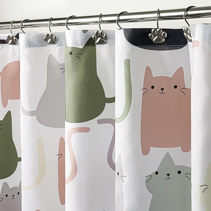 Sunlit Design Lovely Sage Green Cartoon Cats Fabric Shower Curtain, Cute Cats Bathroom Decoration Curtains for Baby Kids Children, 72x72